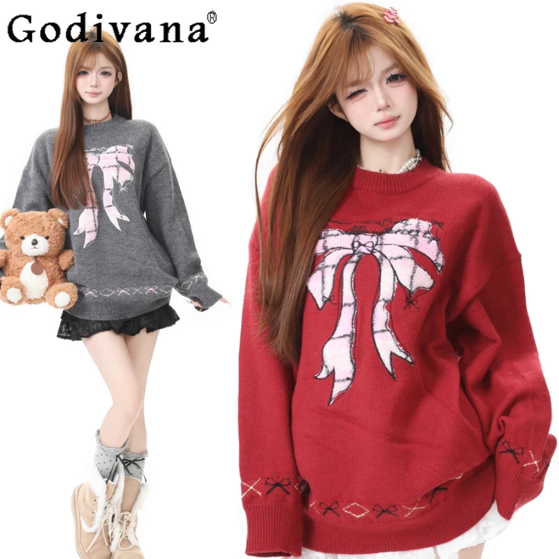 

Jacquard Crew Neck Sweater for Women Autumn Winter Japanese Style Warm Knitted Pullovers Female Retro Slimming Bow Jumpers