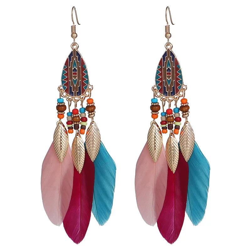 Böhmische lange Feder-Ohrringe für Frauen, klassische ethnische Retro-Temperament-Kette, Blatt-Perlen-Quasten-Ohrringe, Boho-Hochzeitsschmuck – Detail 34