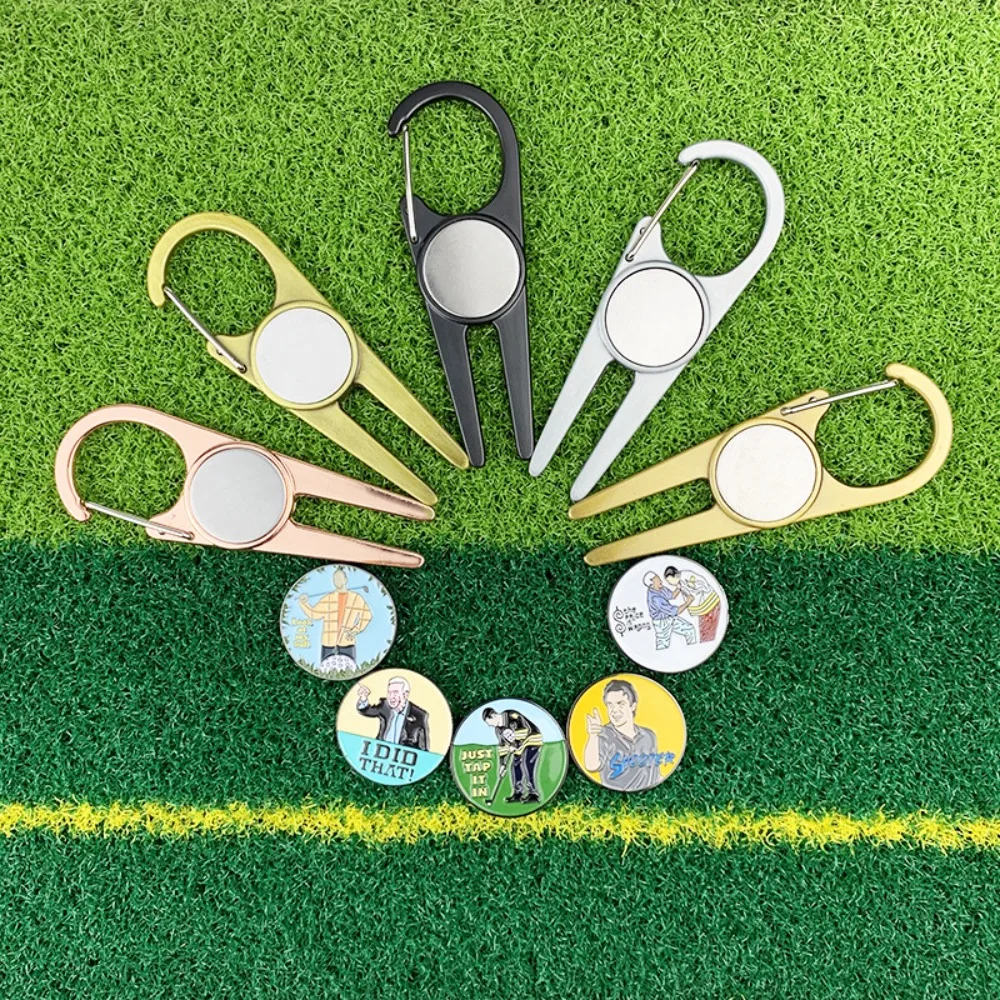 Portable Buckle Green Fork Zinc Alloy Magnetic Ball Mark True Putt Mark Golf Ball Fork Gift Box Golf Training Aids