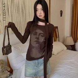 Yedinas American Retro Print Graphic T Shirts With Neck Long Sleeve 2000s Clothes Y2k Korean Fashion Tees Autumn Tops T-shirt