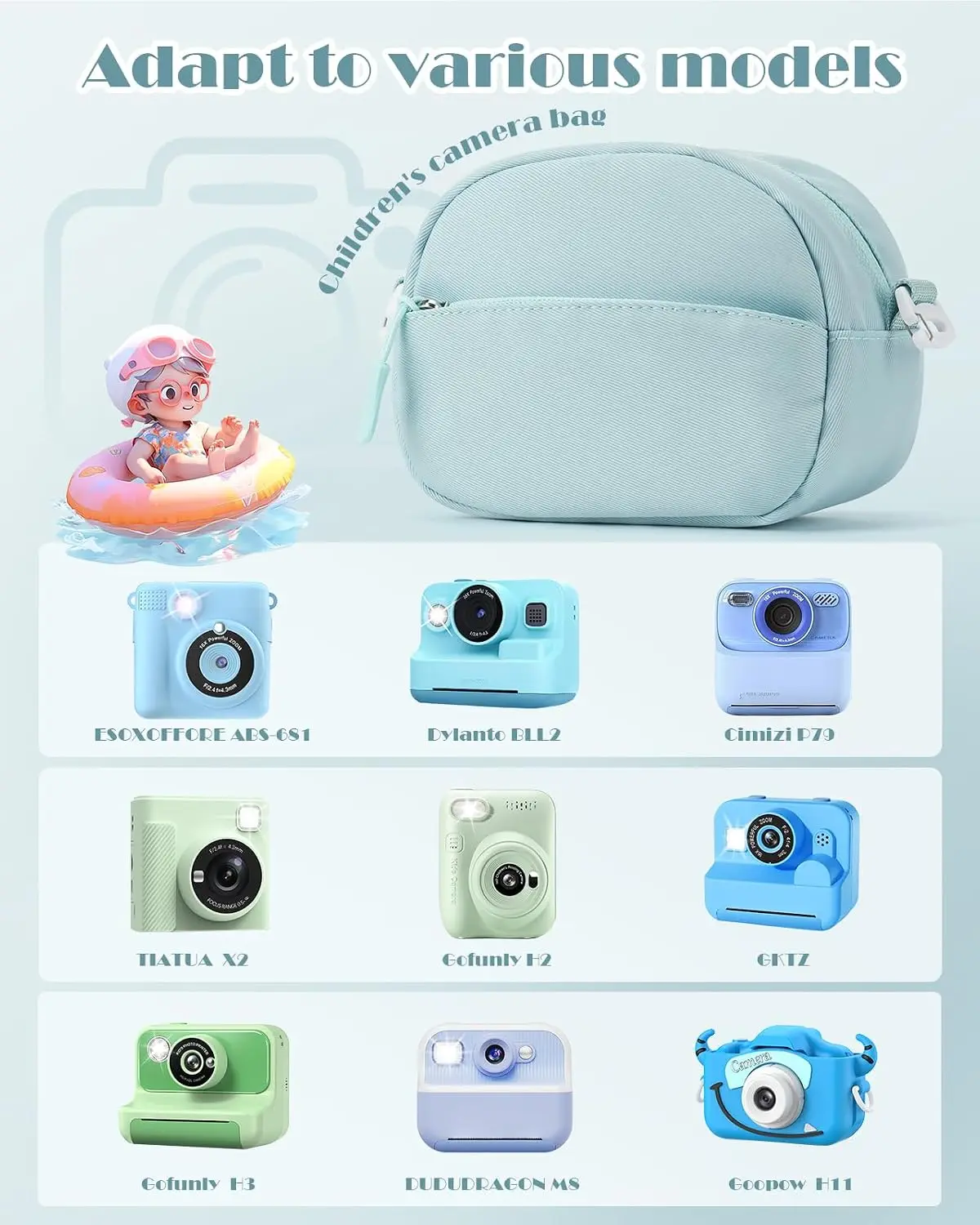 Kids' Camera Soft Case Compatible 1080P Models With Side Pocket Mesh Macaron Series Lanyard Adjustable Shoulder Strap 2-In-1 Bag
