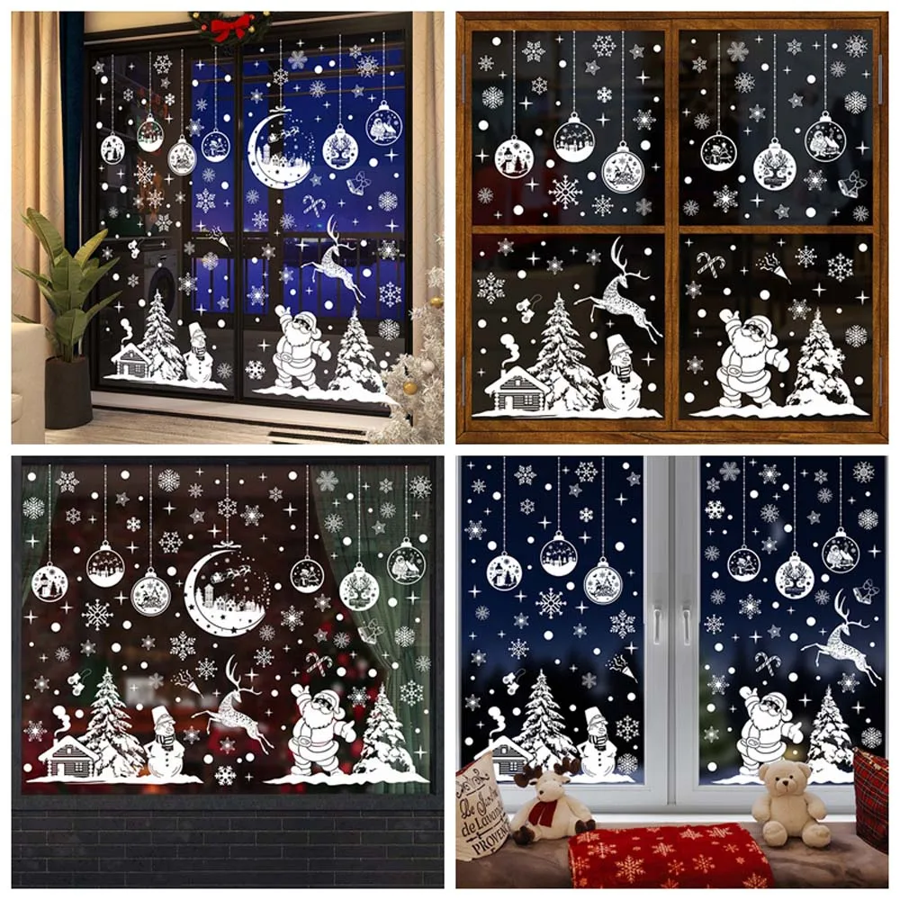 White Christmas Window Stickers PVC Static Sticker Waterproof Snowflake Glass Window Film Elk Removable Xmas Decals