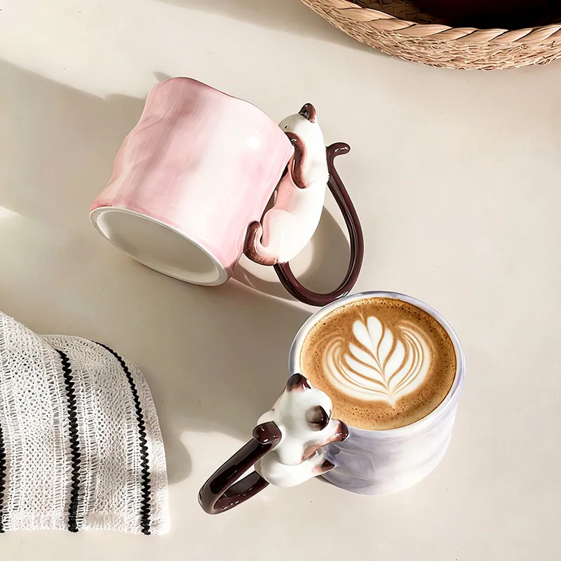 Taza de Cerámica Hecha a Mano con Diseño Tridimensional de Gato Siamés, Linda Taza de Gato con Color Subesmaltado, Taza para Desayuno, Taza para Agua, Taza para Parejas