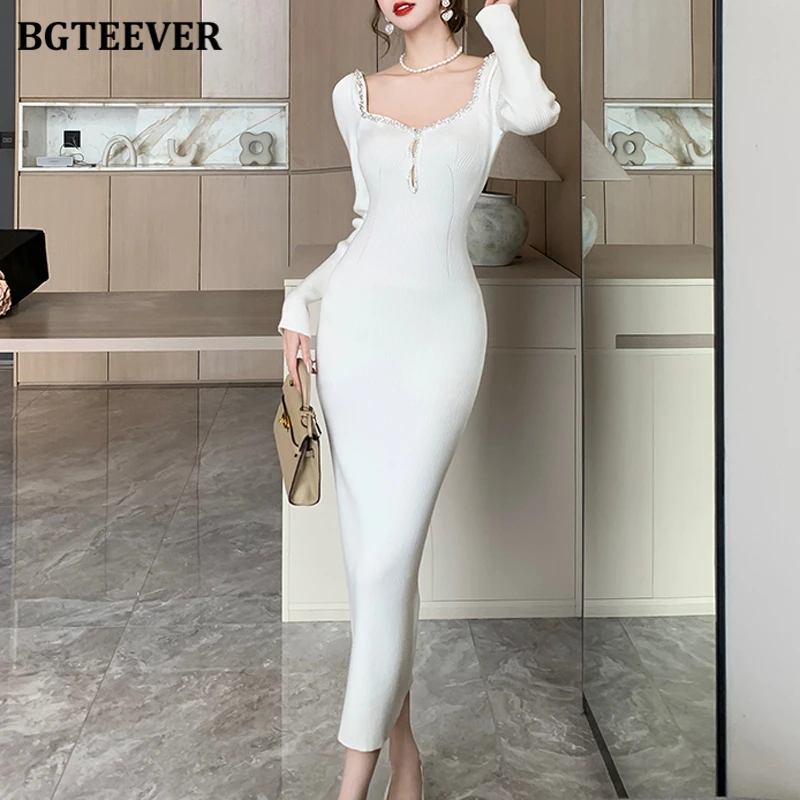 

BGTEEVER модное женское трикотажное платье с квадратным воротником, элегантное женское облегающее платье-свитер с длинными рукавами и тонкой талией