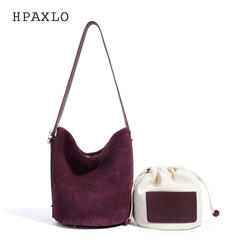 

Матовая сумка-ведро из воловьей кожи, новая большая вместительная женская сумка на плечо, винтажная замшевая минималистичная осенняя женская сумка через плечо