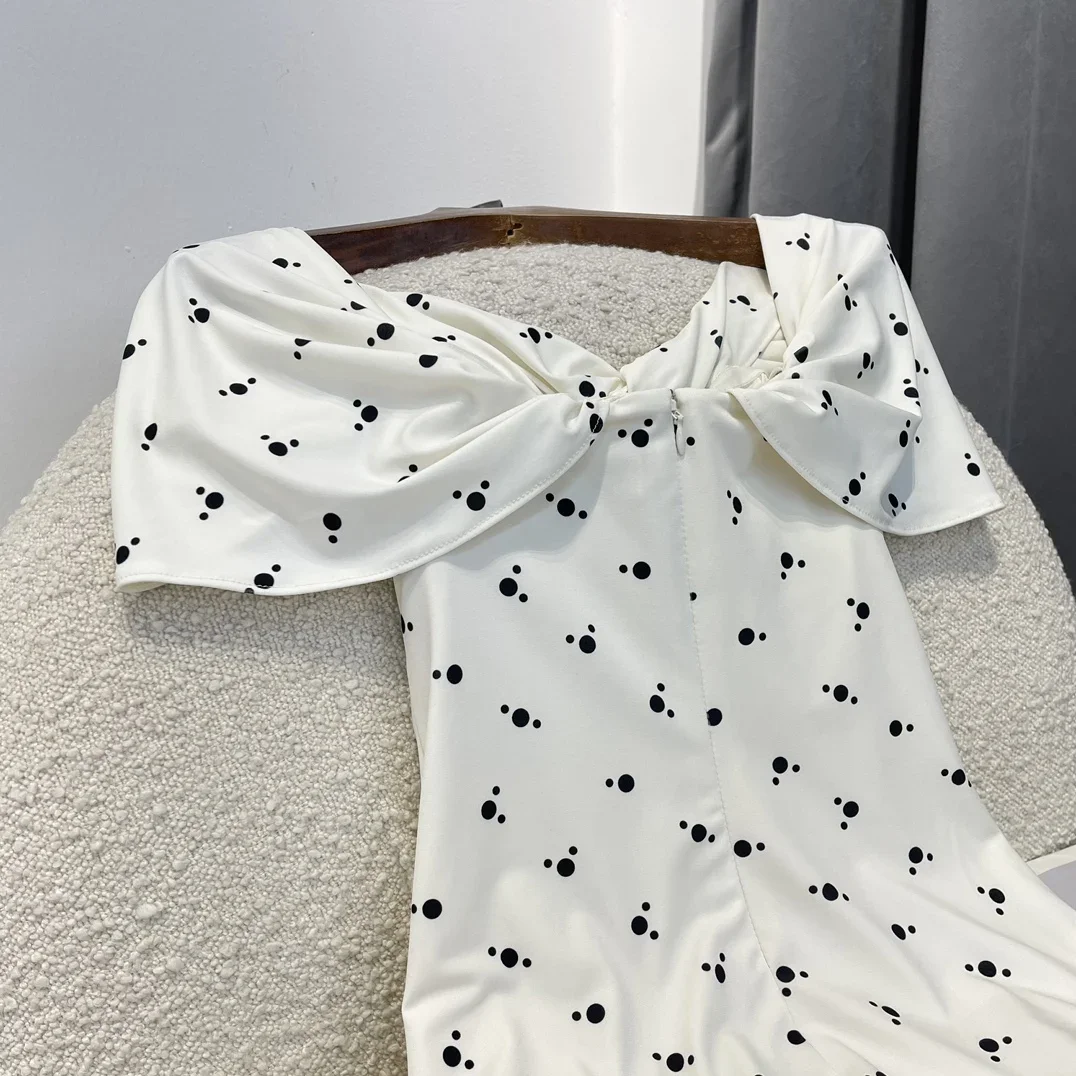 Nieuwe Originele 2024 Elegante Vrouwen Mode Shirring Polka Dot Slanke Off The Shoulder Witte Midi Jurk