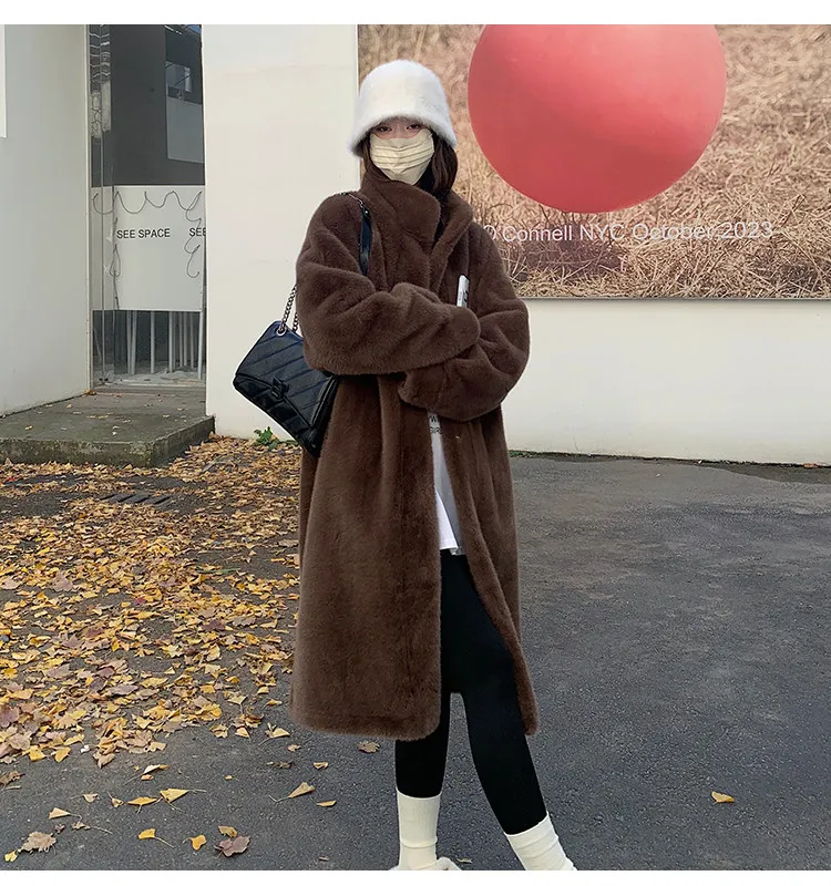 Women's Thick Faux Mink Fur Mid-length Coat Autumn Winter Fashion Stand Collar Plush Outerwear Women Elegant Warm Fluffy Jackets