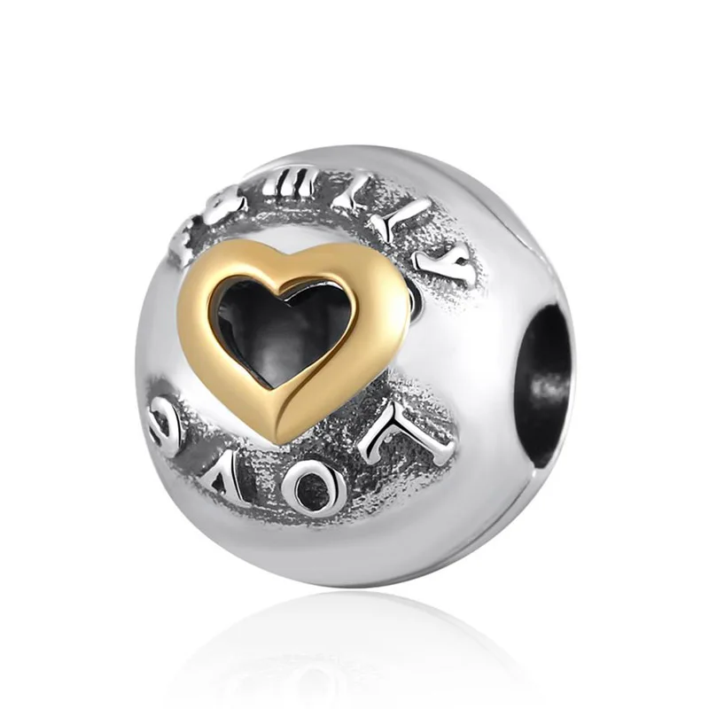 Family and Love Clip Lock Stopper Beads Fit Women Bracelet DIY Jewelry Authentic S925 Sterling Silver Gold Colour Heart Charm