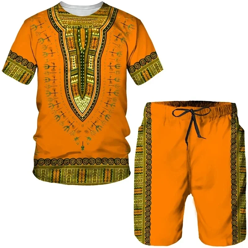 Men\'s African Print T-Shirt Suit Traditional Dashiki Ethnic Style Clothing Retro Streetwear T-Shirt Suit and Shorts Sportswear