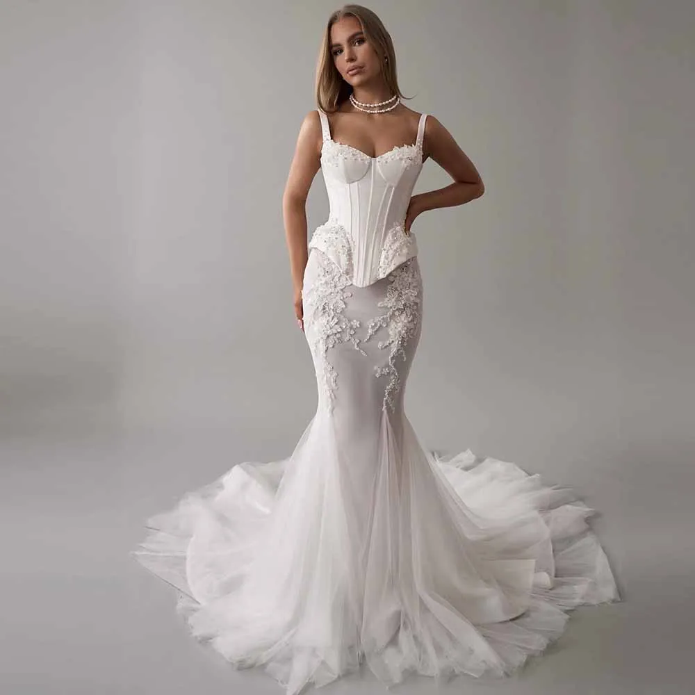 Dreamy Mermaid Wedding Dresses Tulle Mermaid/Trumpet Wedding Party Dresses White Square Neck Beads Ruched Applique Wedding Dress