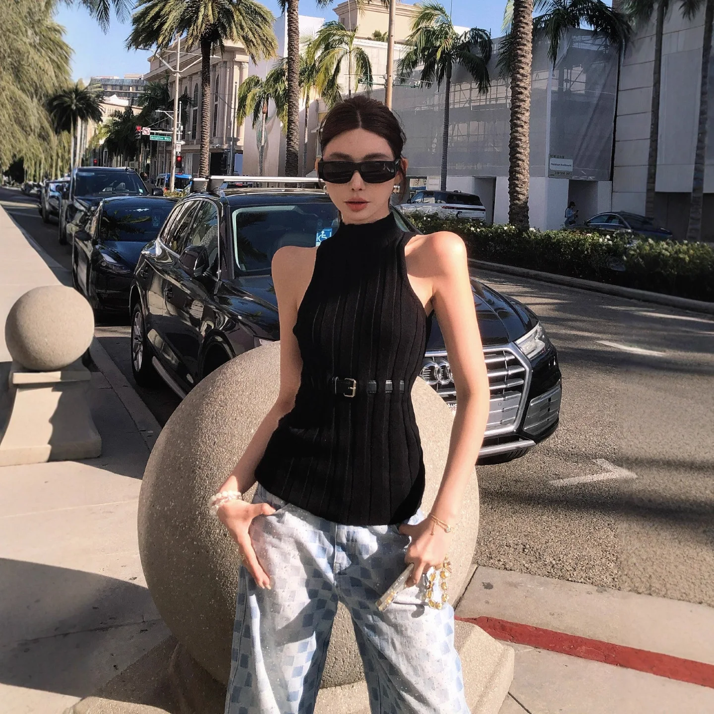 

customized women's adult fashion clothing slim fit striped knit stand up collar high stretch waist cinched vest sleeveless vest