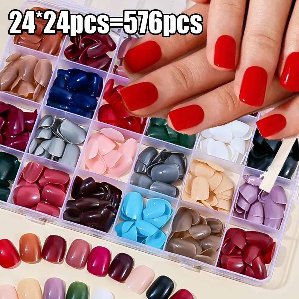 96/576Pcs Square Round/Almond Short Fake Nails Colorful Press On Nail False Nails Tip Boxed Oval Capsule Almond Square Nail Tips