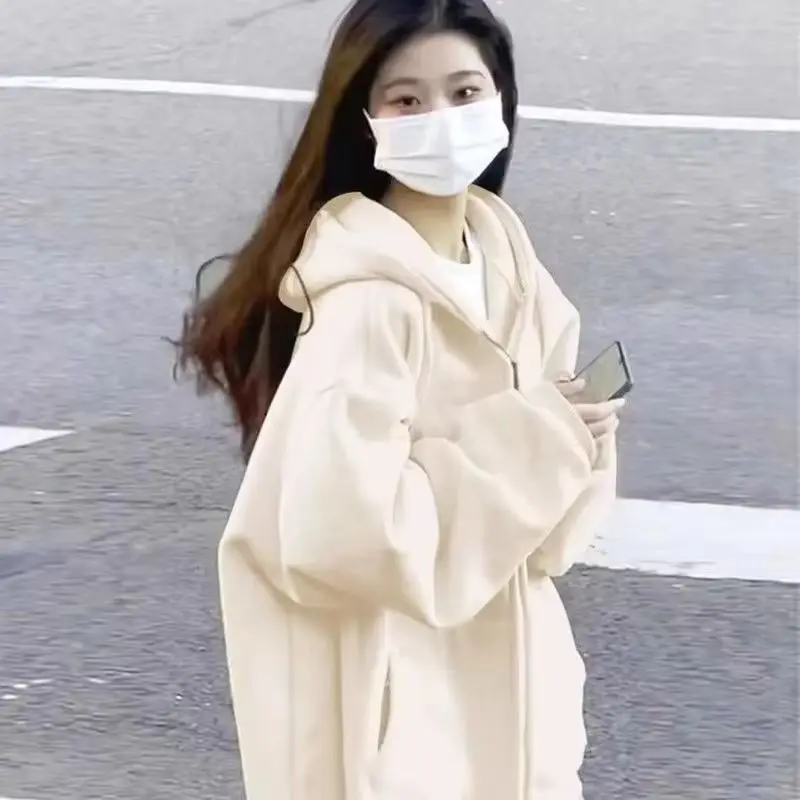 Oversize Women Hoodies Casual Solid Zip Up Hooded Sweatshirt Harajuku Korean Loose Couple Hoodie Jacket Coat Streetwear