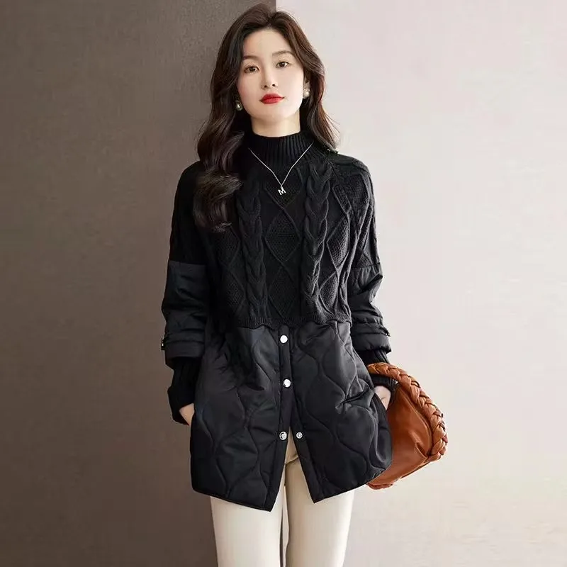 Sweater Stitching Cotton-Padded Jacket Women 2024New Winter Thick Loose Warm Casual Parkas Women Jacket Overcoat Female Pullover