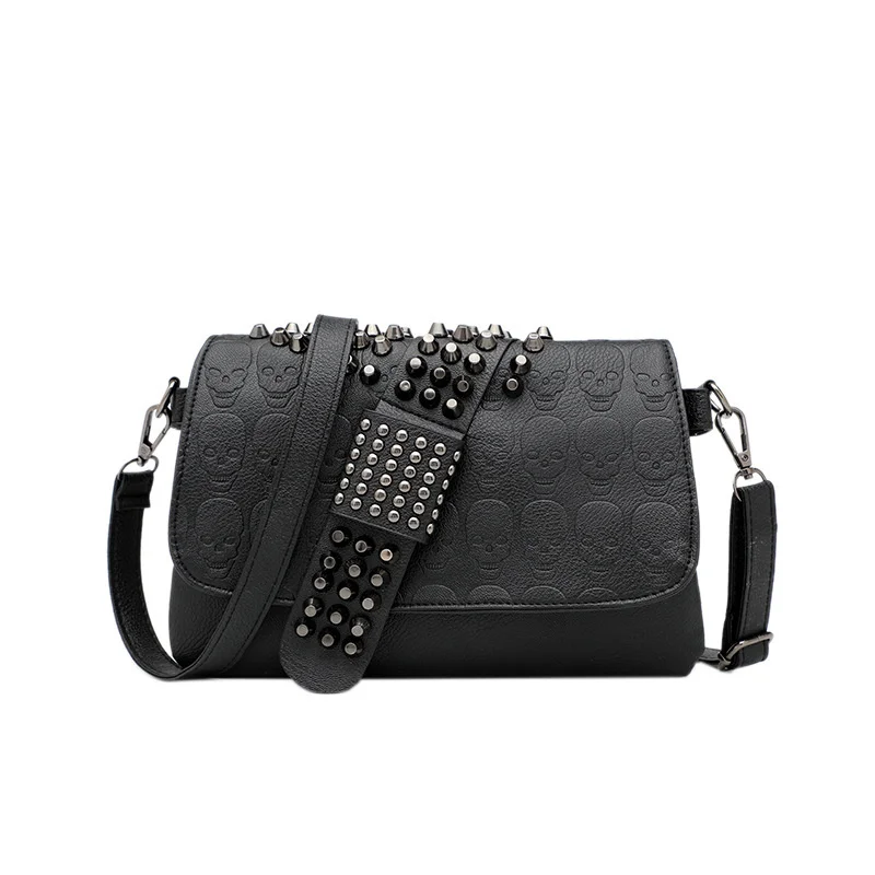 Women Messenger Bags Pu Leather Single Shoulder Bag Chain Rivet Black Skull Head Slant Across Sac Main Femme Dames Tassen