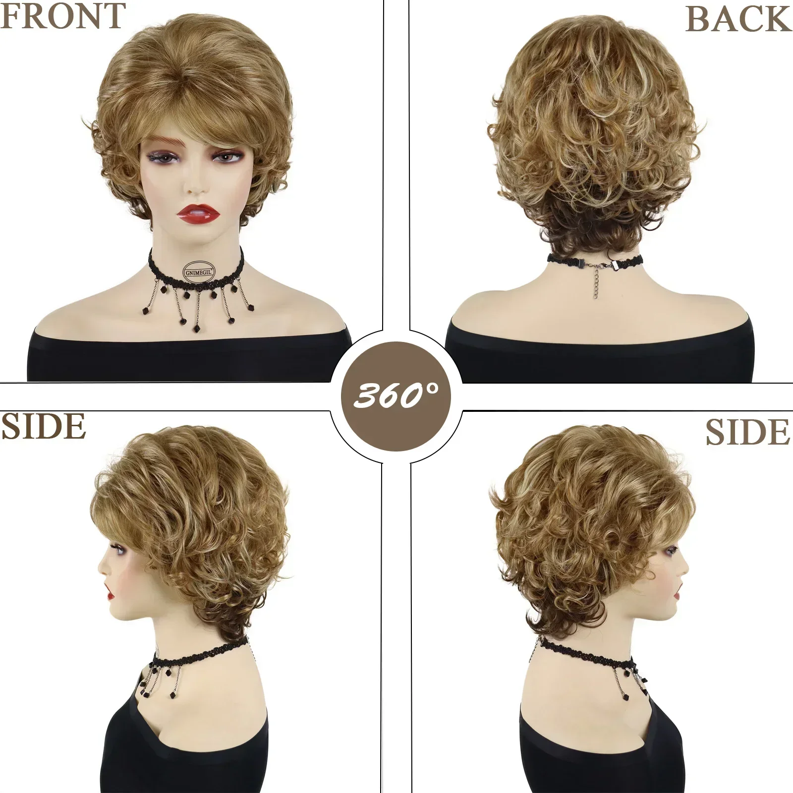 Synthetic Short Wigs for White Women Sandy Blonde Wig with Bangs Mix Brown Color Natural Curly Wig Hair Ombre Elderly Wigs Mommy