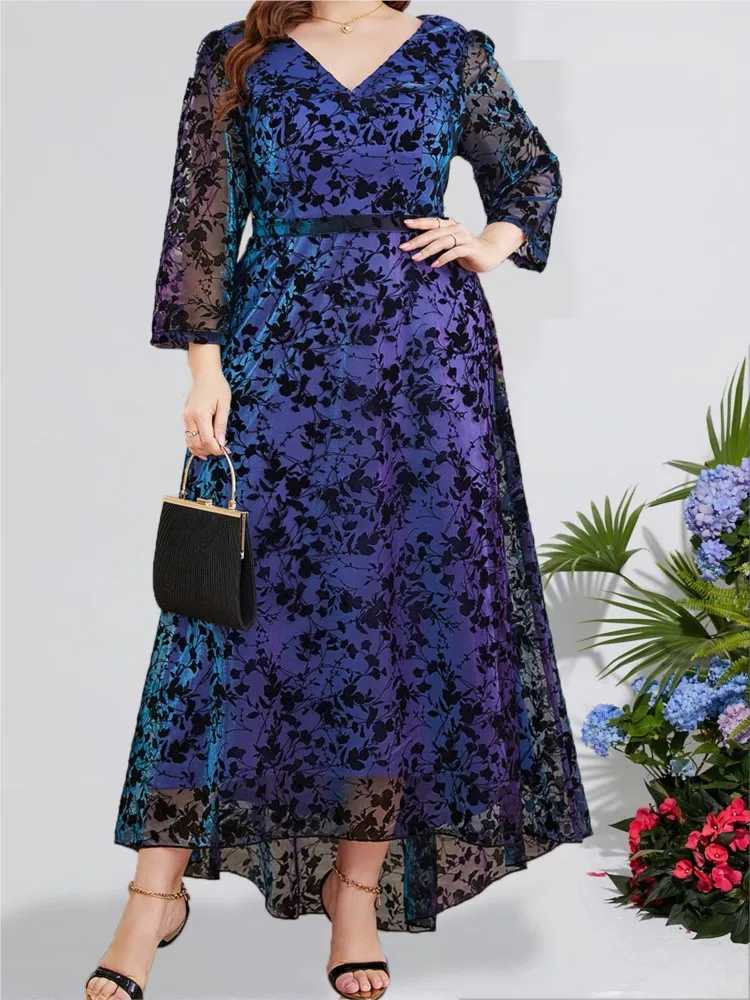 Plus Size Autumn Dress Women Flower Floral Patchwo Fashion Ruffle Pleated Elegant Ladies Dresses V-Neck Elegant Woman Dress