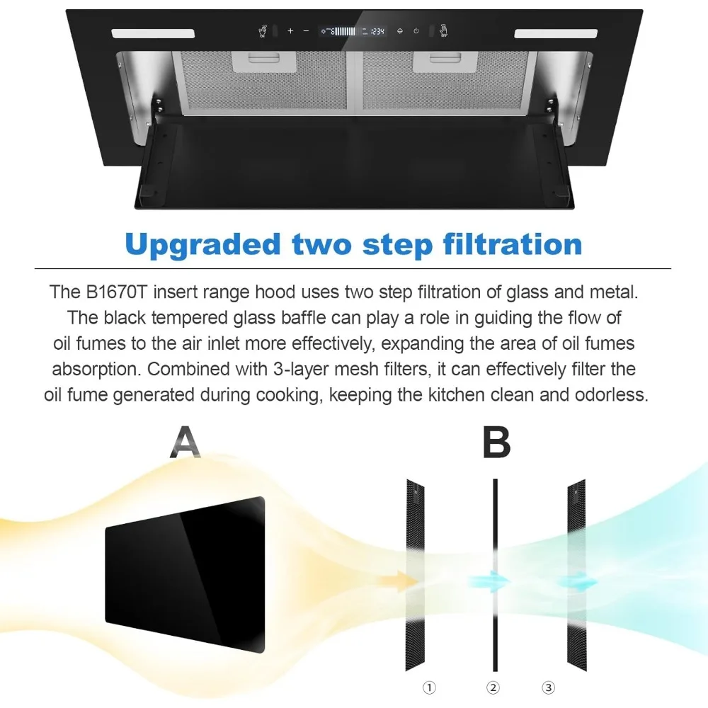 Range Hood Insert 30 Inch 800 CFM, Built-in Vent Hood Black Glass Gesture & Touch Control Kitchen Exhaust Fan,