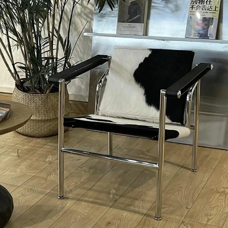 Single Leather Stainless Steel Leisure Chair, Living Room Balcony Study Swivel Chair, Business Meeting and Negotiation Chair