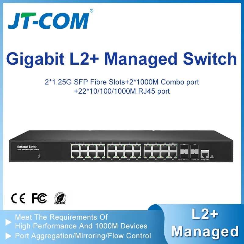 

L2+Managed switch with 2*1000M SFP slot ports and 2*1000M TP/SFP Combo ports and 22*100/1000M RJ45 ports