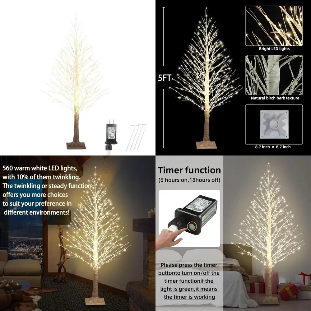 

5-Foot LED Lighted Birch Christmas Tree with 560 Warm White Lights, Timer, Suitable for Indoor and Outdoor Home, Room, Wedding,