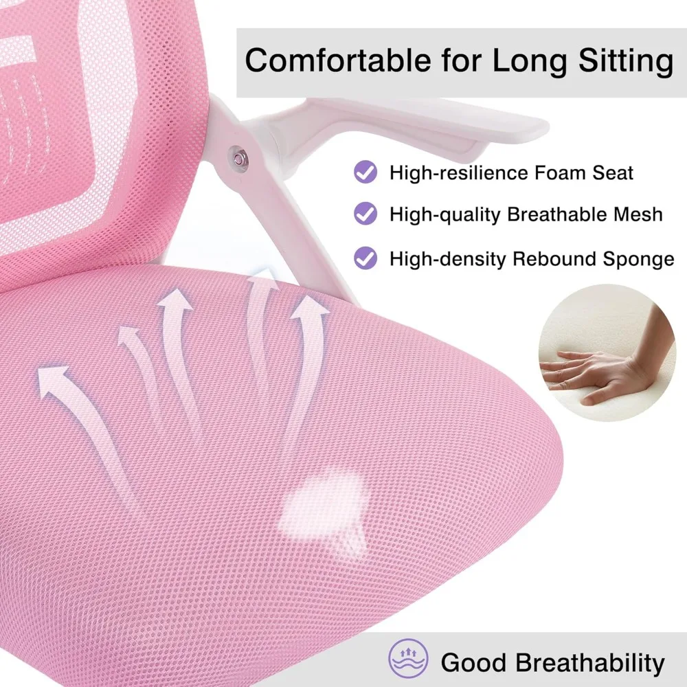 컴퓨터 작업을 위한 조절 가능한 팔걸이와 메쉬 요추 지지대가 있는 중간 등받이 회전식 인체공학적 사무실 의자, 핑크색
