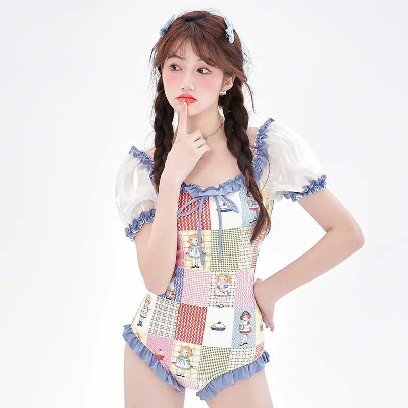 wisuwore Korean Swimming Suit for Women One Piece Fashion Little Fresh Swimsuit Triangle Cartoon Printed Student Beach Swimwear