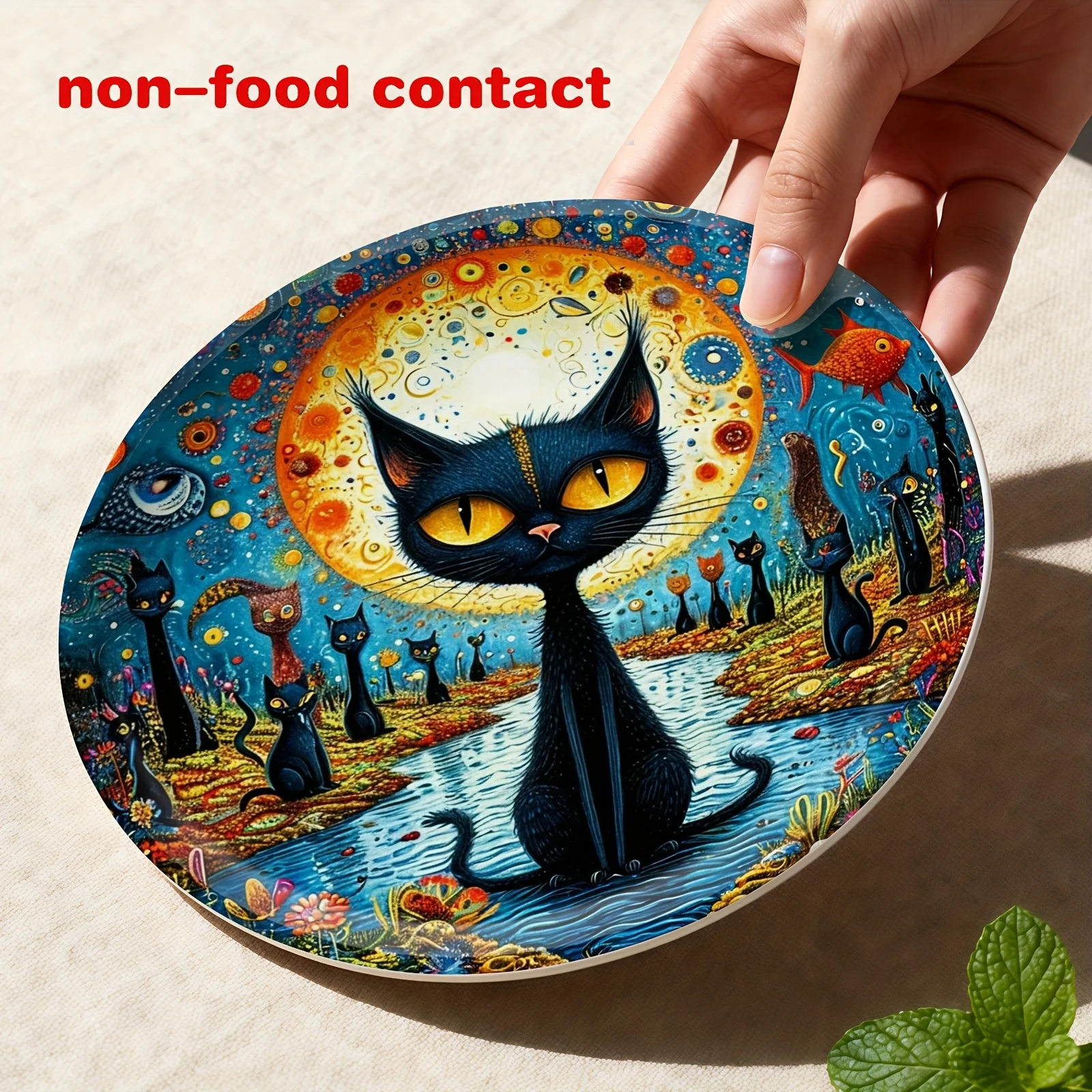 1pc Artistic Wall Decor | Modern Ceramic Round Plate with Colorful Cats Under the Moon Design, Non-Food Contact, Ideal for Home