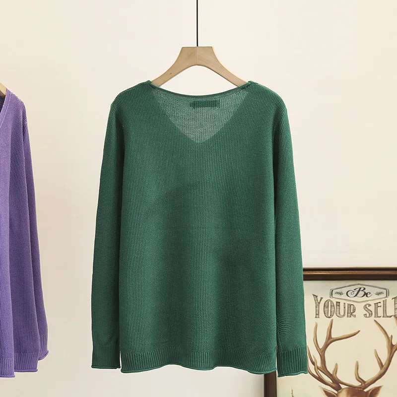 Suéteres de talla grande para mujer, ropa informal de manga larga con cuello en V, jerséis simples de punto de Color sólido, A2, 2363