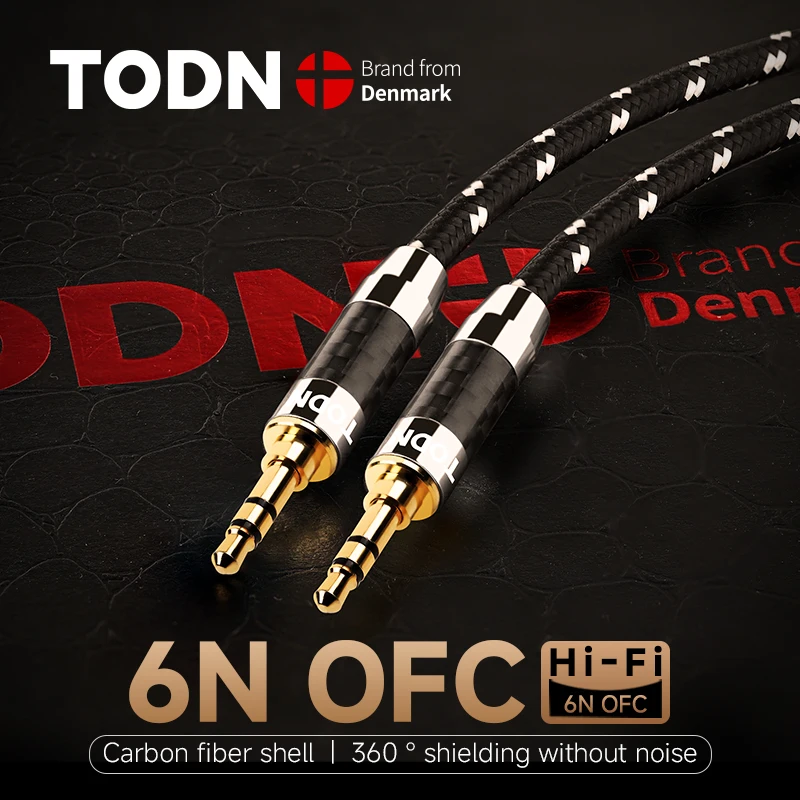 TODN Hochwertiges 3,5mm Audiokabel 6N OFC-Kern AUX-Kabel Vergoldeter Stecker Kohlefaser-Gehäuse für Telefon MP3 Lautsprecher