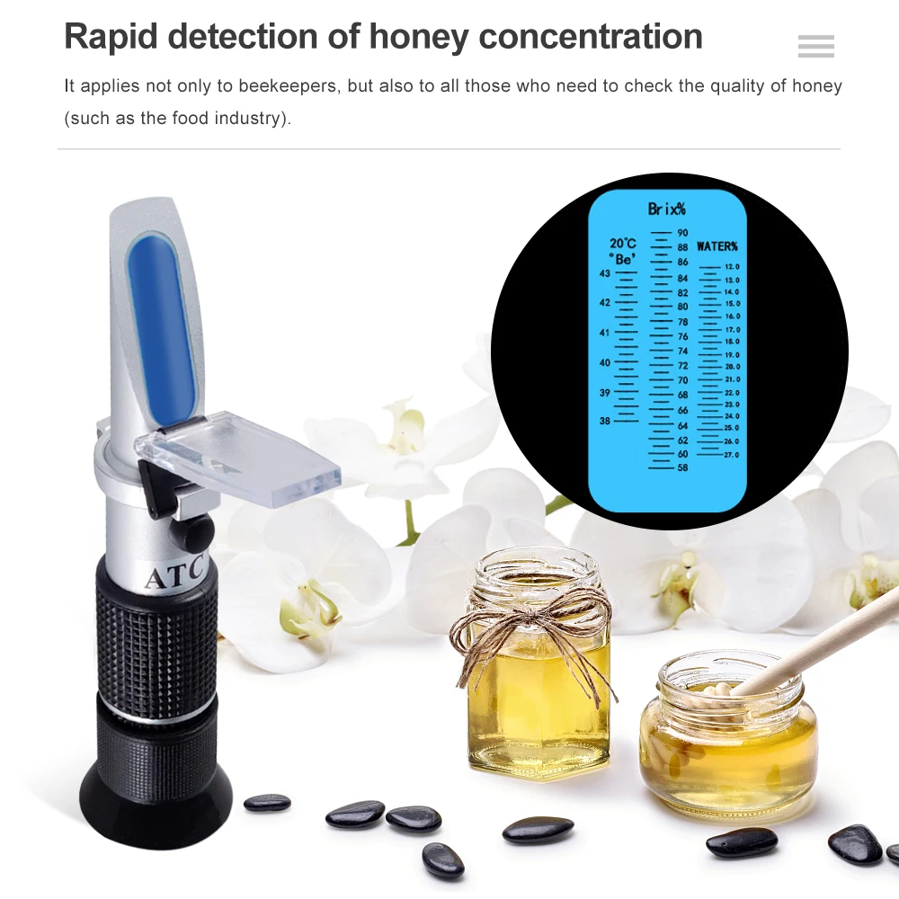 3 in 1 Handheld Honey Refractometer 58-90% Brix Sugar Concentration Meter 38-43% Baume Degrees 12-27% Water Contents Test