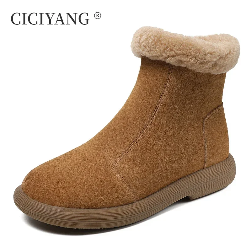 CICIYANG Women Snow Boots Cow Suede 2024 New Genuine Leather Non-slip Women Short Boots Flat Comfortable Winter Shoes Female