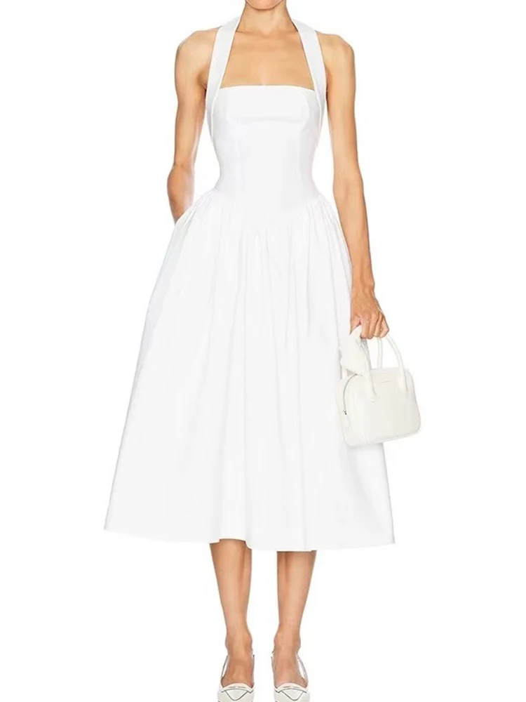 

Fashion one-word collar sexy hanging neck dress Summer women's new elegant temperament waist drape big fluffy evening dress