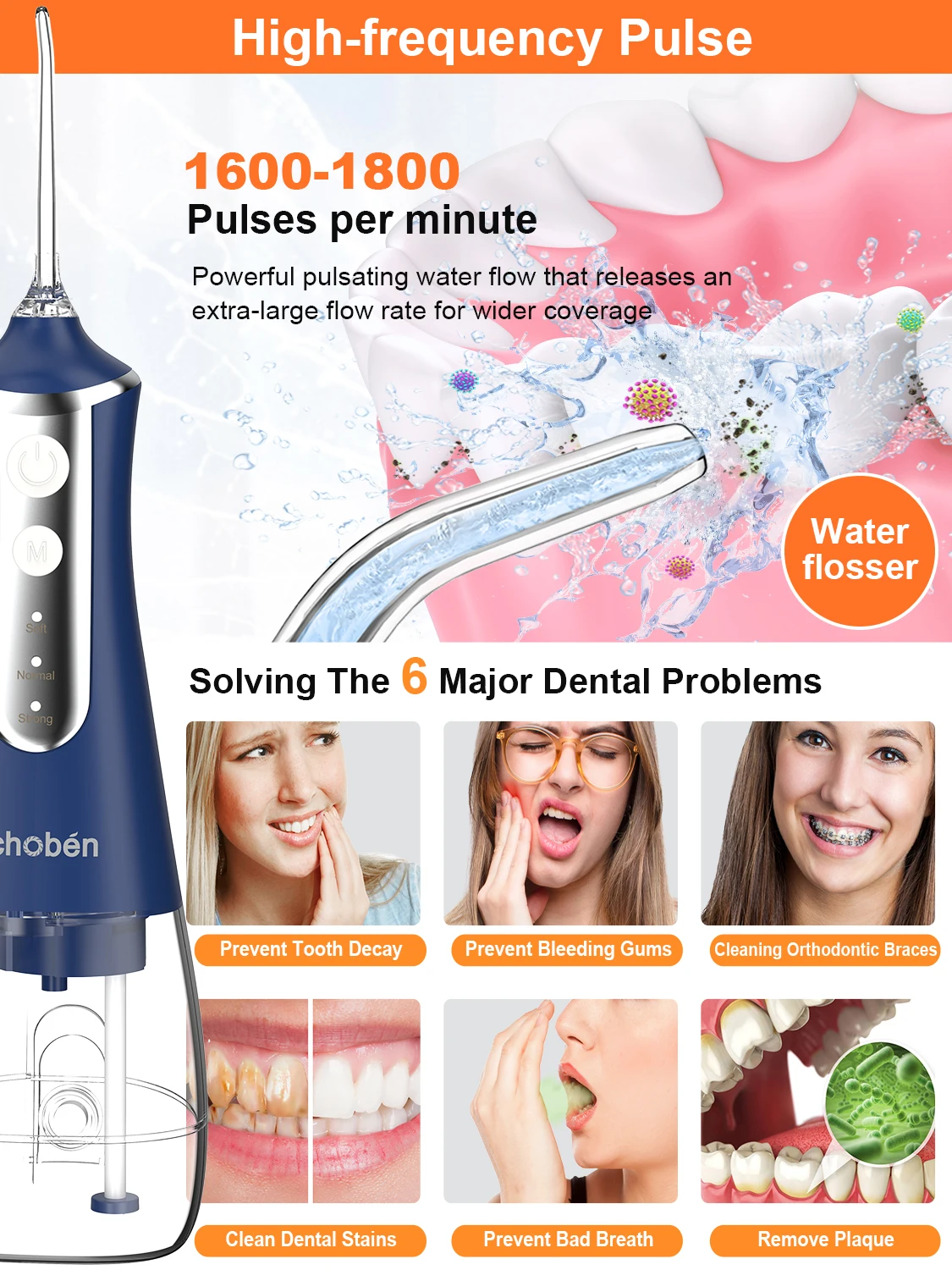 Cordless Water Dental Flosser Picks for Teeth - Portable and Rechargeable Oral Irrigator with 300ML Tank 4 Modes 5 Replaceable T