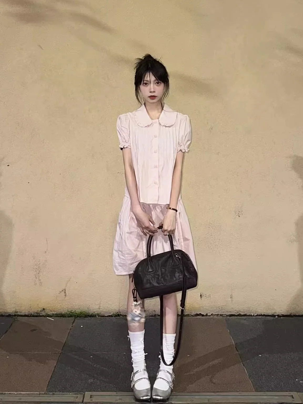 Sweet Style Pink Doll Collar Blouse And  Skirt Two Piece Set for Women Summer Fashionable Ensemble Short Sleeve Button up