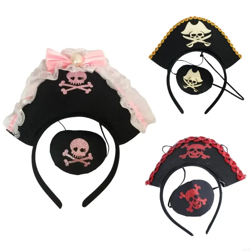 HX6F Stylish Glitter Pirate Eyepatch Skull Headpiece Proms Birthday Hairbands Fun Headwear Halloween Maid Hair Headwear