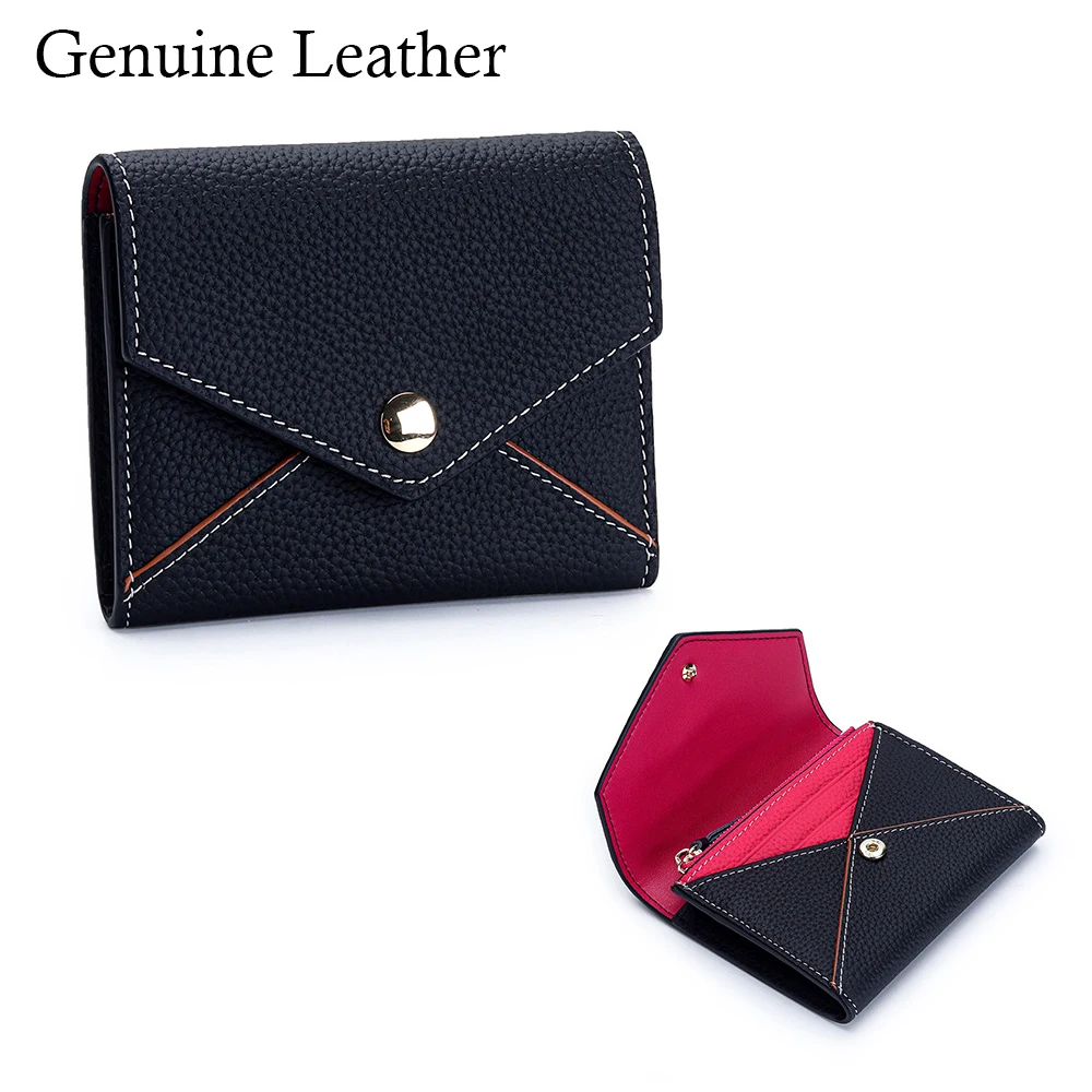 Genuine Leather Card Wallet Ladies Women Top Grain Leather Short Bifold Wallet Brand Design Color Block Mini Card Coin Purse
