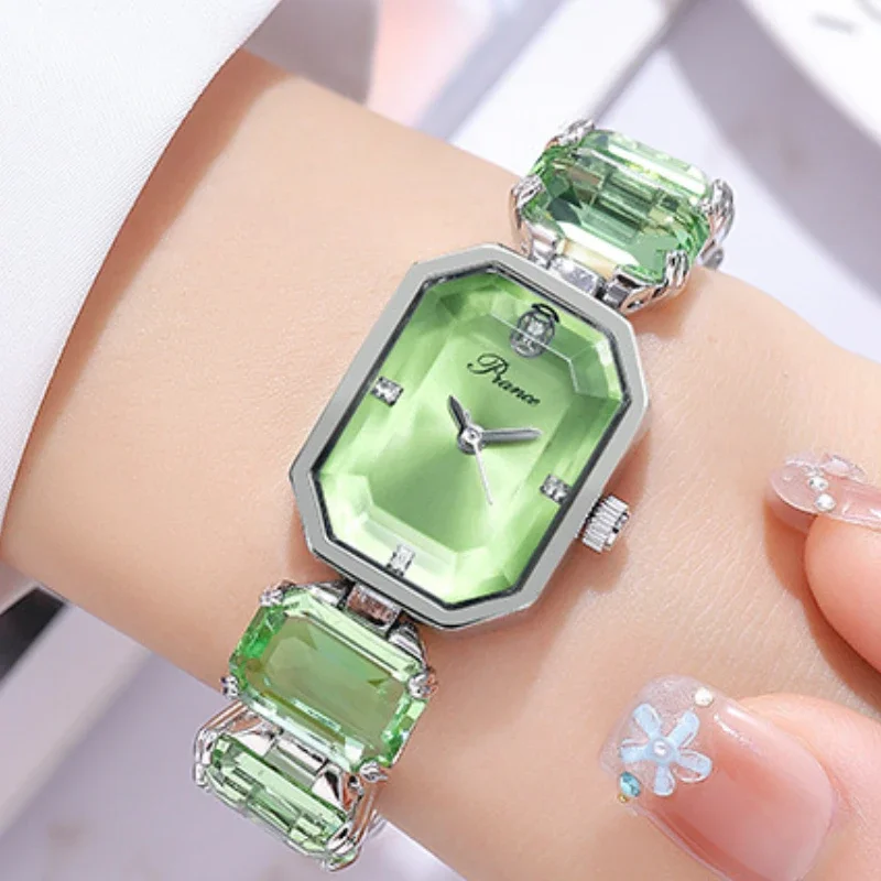 Fashion Brand Wrist Watch Women Girl Beautiful Rectangle Colorful Gems Design Steel Metal Band Clock