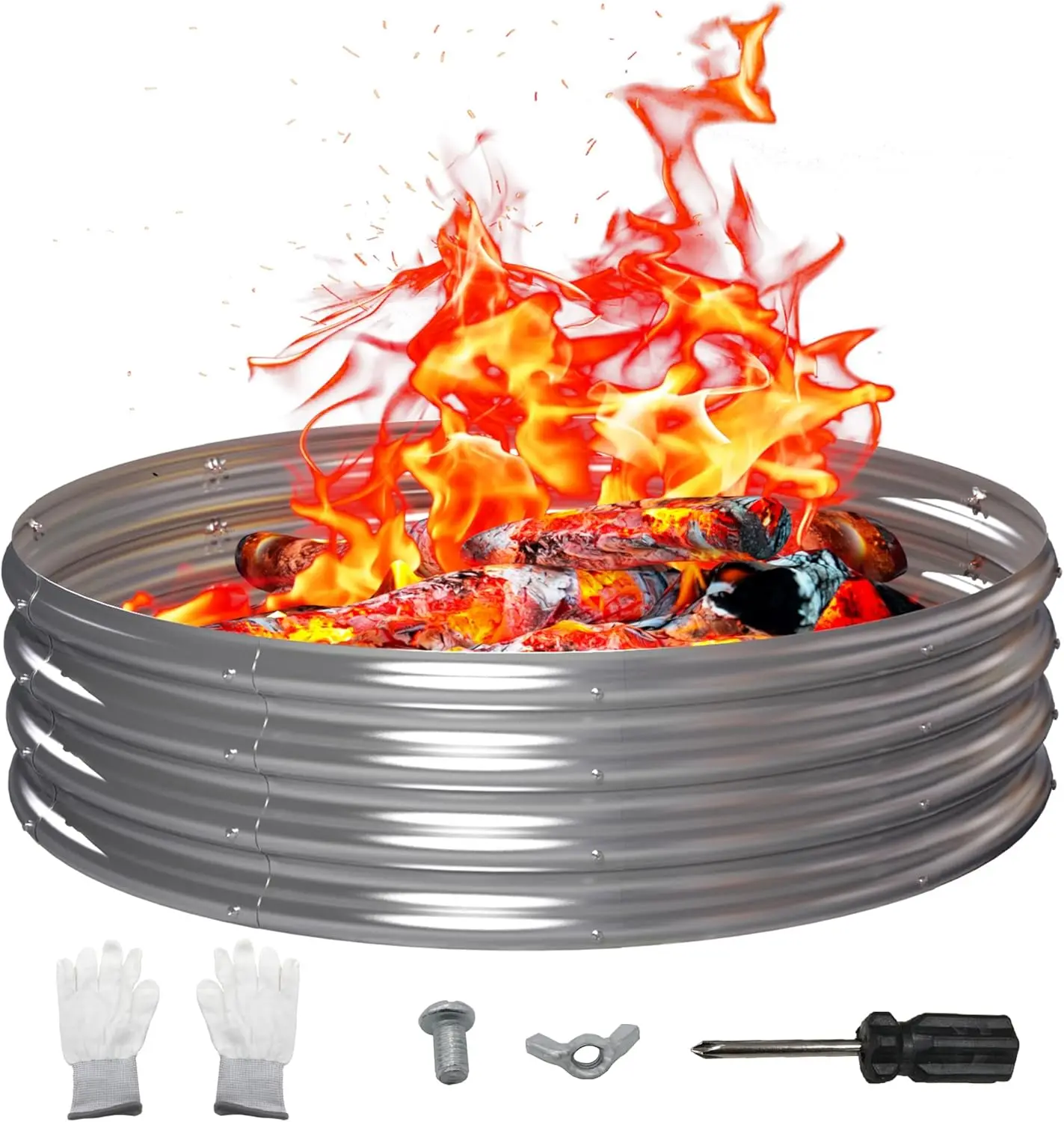 

48 Inch Outdoor Fire Pit Ring, Round Galvanized Portable Fire Pit for Camping, Metal Steel Bonfire Fire Ring for Outside, Bac