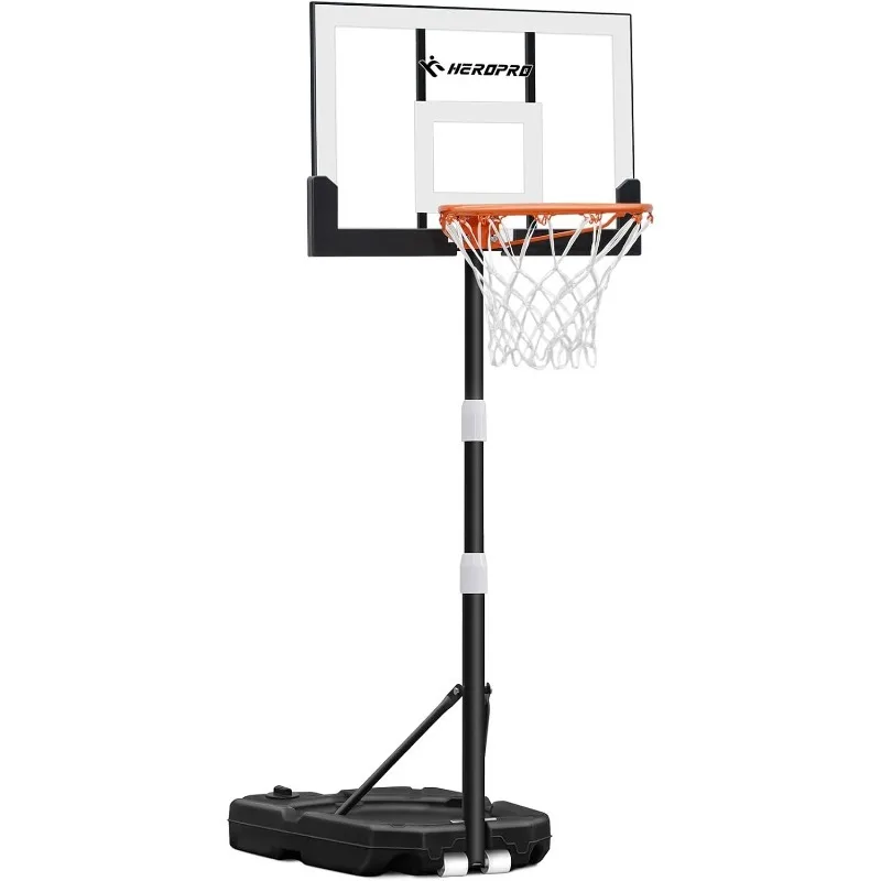 

HEROPRO Kids Basketball Hoop Outdoor 3.2-7.2 Feet Adjustable, 29 Inch Premium PC Backboard and Enlarged Base, Portable Basketbal