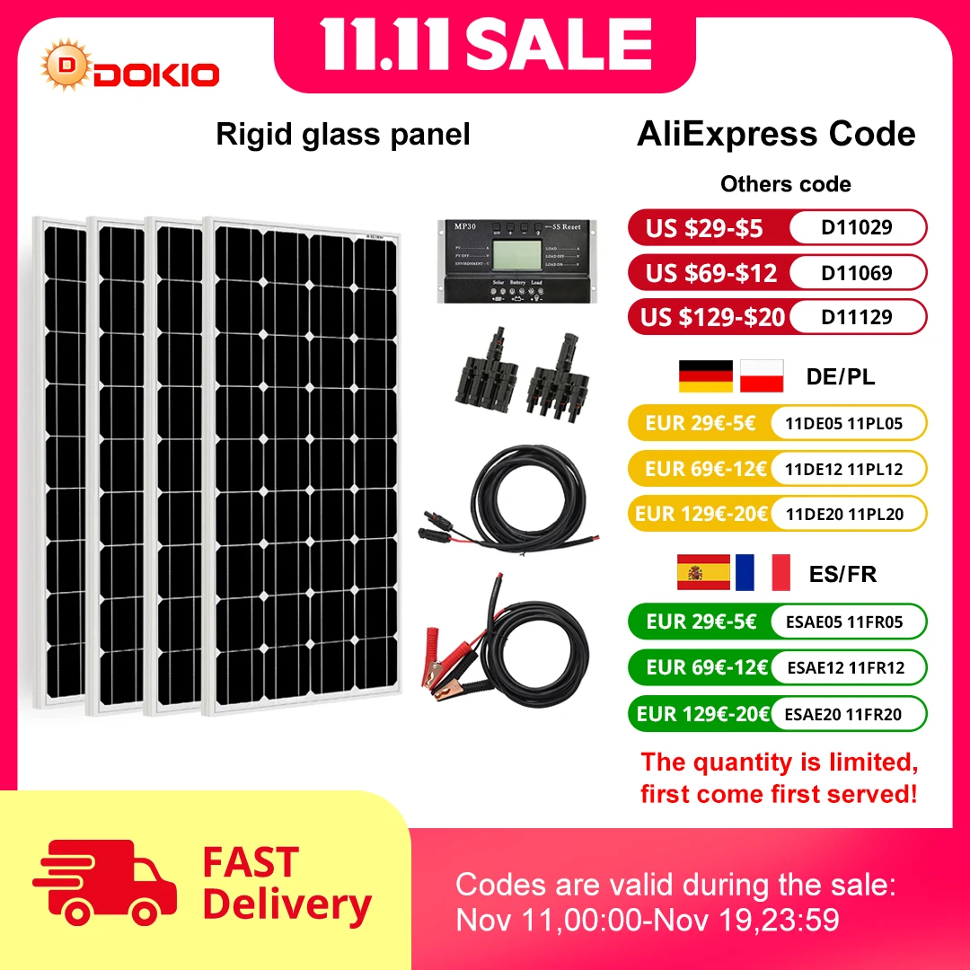 Dokio 18V 100W 200W 400W กันน้ําใหม่ชุดแผงพลังงานแสงอาทิตย์แบบแข็ง Controller สําหรับ Home Charge 12V รถแบตเตอรี่ Monocrystalline จีน
