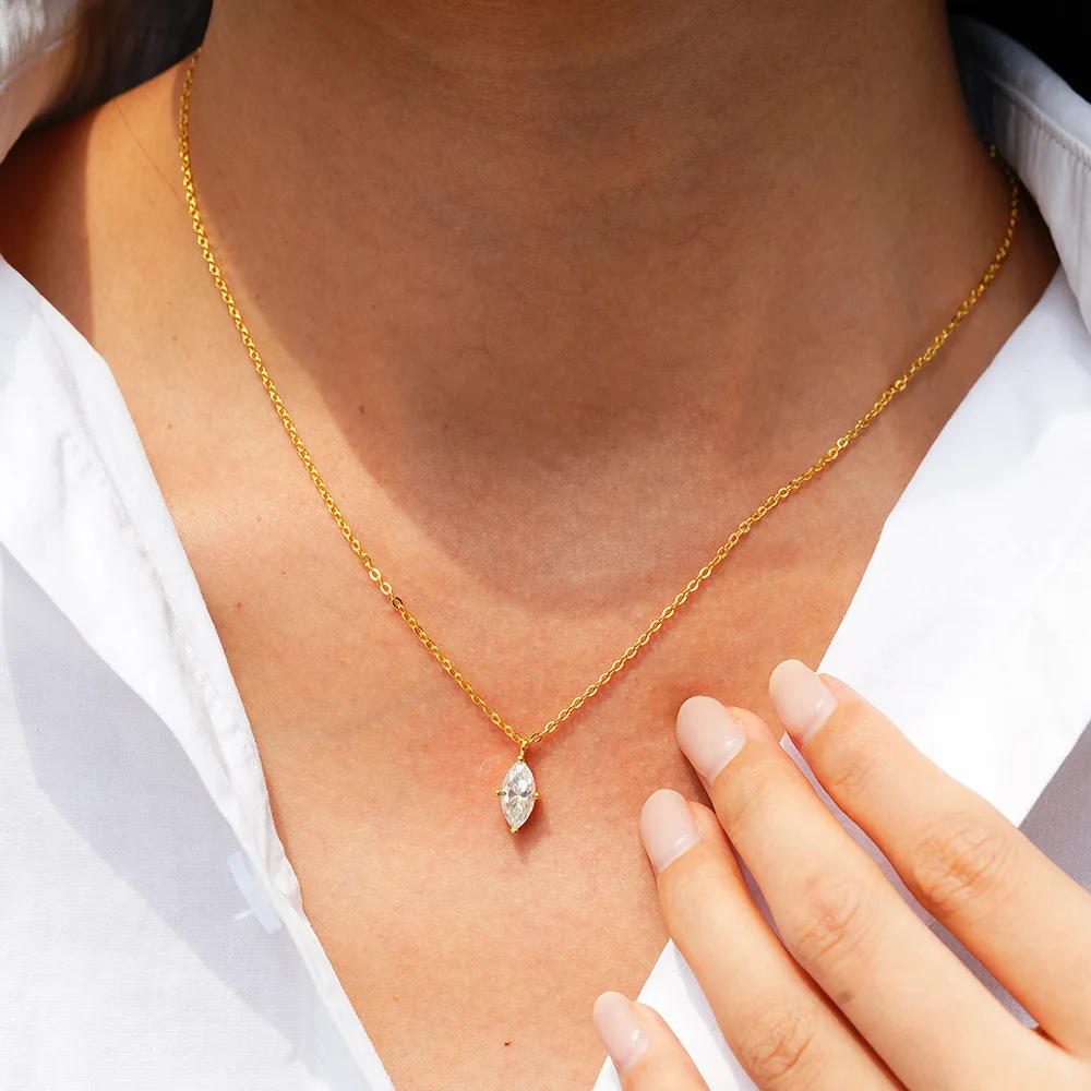 Lumira 1-Carat Marquee-Cut Pendant Women's 18K Gold Moissanite Necklace for Daily Wear Stylish