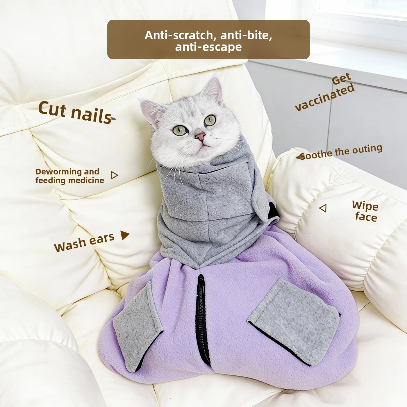 ZHAYA Pet Cat Restraint Wrap Bag for Nail Trimming Anti Scratch Bite Escape Proof Grooming Holder Calming Swaddle Pouch