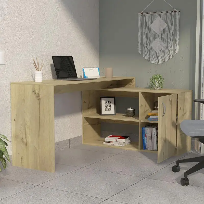 

L-Shaped Office Desk with 1 Drawer and 2 Shelves in Light Oak Finish