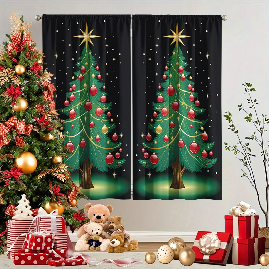 2PCS Christmas Winter Curtains, Black Glowing Tree Gold Star Red Ornament Winter, Digital Print, Bedroom Living Room, Home Decor