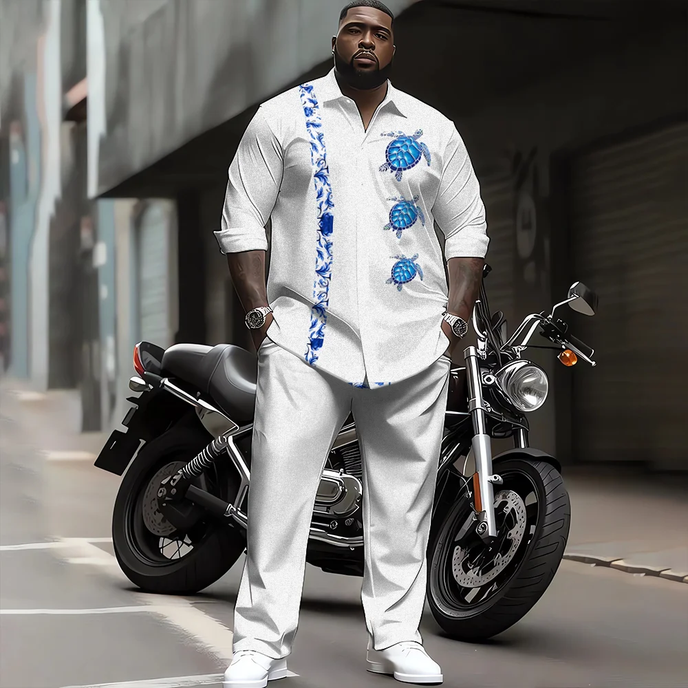 

Комплект мужской рубашки больших размеров S-9xl: Turtle-Chic Vibe — мягкая смесь хлопка, элегантный минималистичный принт черепахи, устойчивый к морщинам,