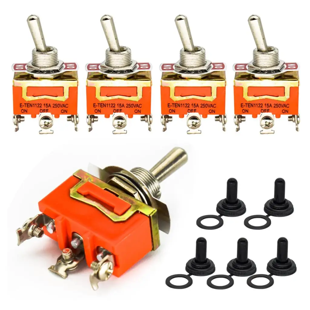 5X Heavy Duty Toggle Flick Switch SPDT ON/OFF/ON 3Pin 15A 250V Dash Light 3 Terminal Waterproof Cover Race Rally Car Boat Truck