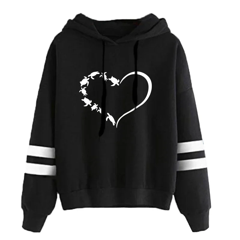 ハートタートルプリントかわいいスウェット秋暖かいトップスファッションパーカー女性のための高品質フード付き長袖プルオーバー