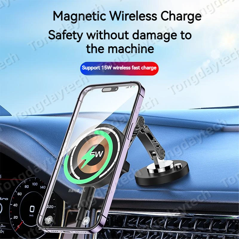 15W Magnetic Car Wireless Charger 360 Rotation 2in1 Aluminum Alloy Foldable Stand For Iphone 14 13 12 11 Pro Max Samsung Xiaomi