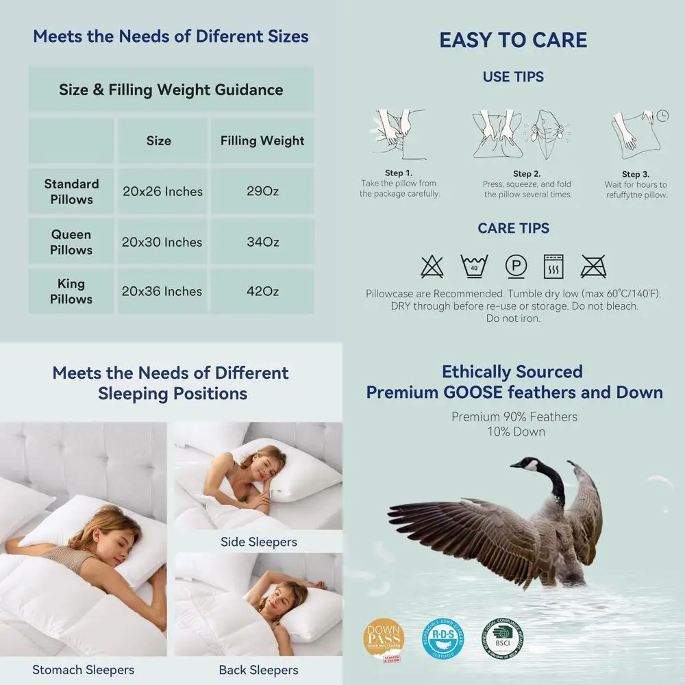 

King Size Goose Down Pillows Set - 2 Pack Luxury Soft Hotel-Quality White Pillows (20x36)